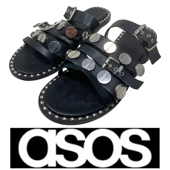 ASOS Shoes - ASOS Sz US 8 UK 6 Black Oversized Studs Strappy Flat Slide Buckle Sandals